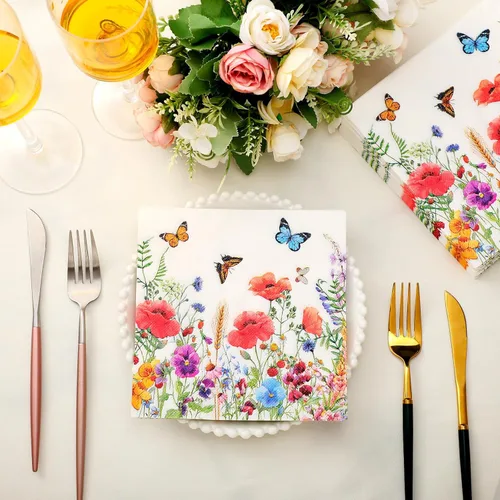 Miniatura 2 de Patelai 100 servilletas de papel floral, 2 capas de flores silvestres y mariposas decorativas desechables para bodas, cumpleaños, fiestas de té