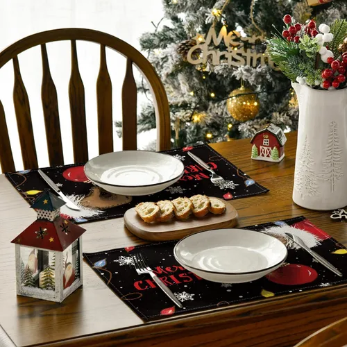 Miniatura 4 de Artoid Mode Juego de 4 manteles individuales con diseño de bola de Navidad, 12 x 18 pulgadas, color negro, para decoración de fiestas, cocina