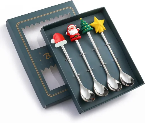 4 cucharas de café de Navidad con caja de regalo verde, cuchara creativa de acero inoxidable para árbol de Navidad, Santa Star, cucharas de acero