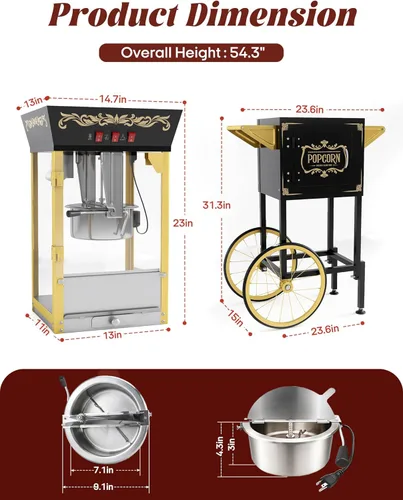 Miniatura 6 de Máquina de palomitas de maíz con carrito, auténtica máquina de palomitas de maíz estilo cine de 10 onzas con plataforma de calentamiento, máquina