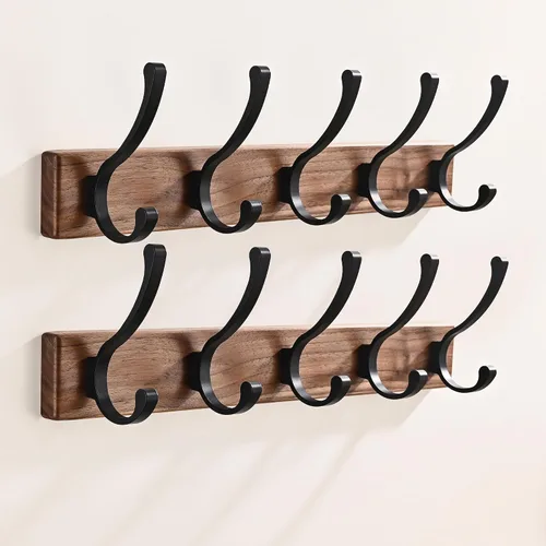 Paquete de 2 Percheros Pequeños de Madera de 17.3" Montados en la Pared con 5 Ganchos, Ganchos de Pared de Entrada Colgador de Abrigos para Colgar