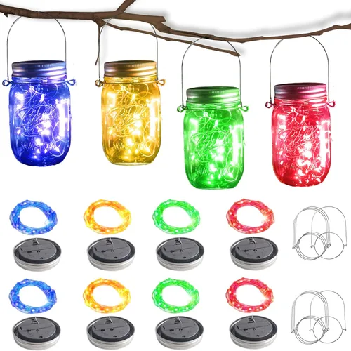 Miniatura 8 de SunKite Luces solares para tarros de masón [actualizadas], paquete de 8 20 luces LED impermeables para tarros de luciérnaga con ganchos