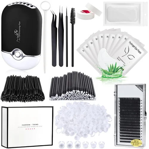 Kit de suministros de extensión de pestañas con pestañas individuales 0.07D rizo mixto 7-15mm secador de ventilador de pestañas USB parche de gel