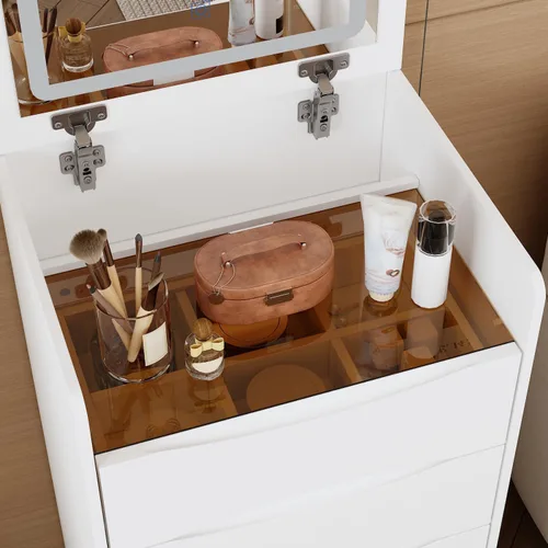 Miniatura 4 de Escritorio de tocador de maquillaje con espejo iluminado, tocador de 18.3 pulgadas de ancho con 3 cajones y estantes de almacenamiento, escritorio