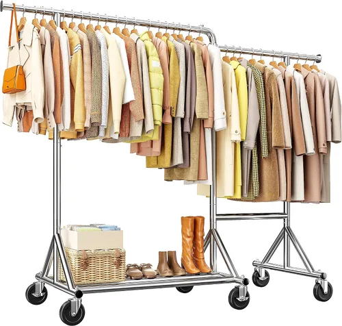 Miniatura 9 de Raybee Perchero de ropa resistente con carga de 500 libras, perchero con ruedas, doble barra para colgar ropa, perchero comercial portátil