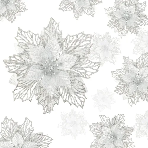 Geosar 24 piezas de flores de Pascua con purpurina para Año Nuevo, flores artificiales en capas, adornos para árbol de boda y Año Nuevo, 3/4/6 Plata