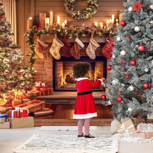 Miniatura 6 de VitalCozy Telón de fondo de chimenea de Navidad, árbol de Navidad, calcetín navideño, decoración de fondo de poliéster para accesorios de estudio