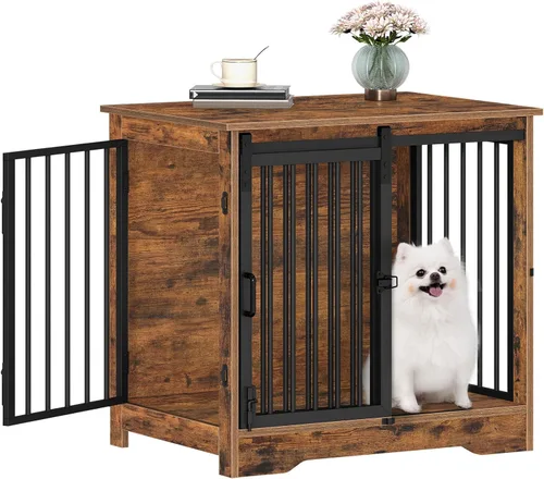 Miniatura 22 de Hzuaneri Mueble de jaula para perros de 31.9 pulgadas con puerta de granero, perrera resistente para interiores con 2 puertas, mesa auxiliar