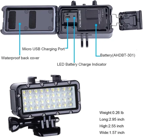 Miniatura 4 de Suptig Luz de buceo de alta potencia regulable impermeable LED luz de vídeo relleno luz nocturna buceo subacuático luz impermeable 147 pies