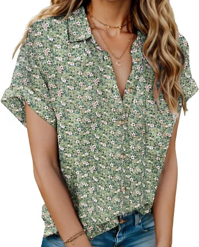 Miniatura 15 de HOTOUCH Camisas de Lino para Mujer con Botones Blusas de Manga Corta de Algodón Cuello en V con Cuello Tops de Gasa con Botones S-3XL