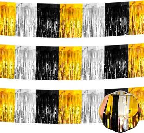 Paquete de 3 guirnaldas de flecos de papel de aluminio negro dorado y plateado de 10 pies, pancarta metálica de oropel para colgar en la pared,