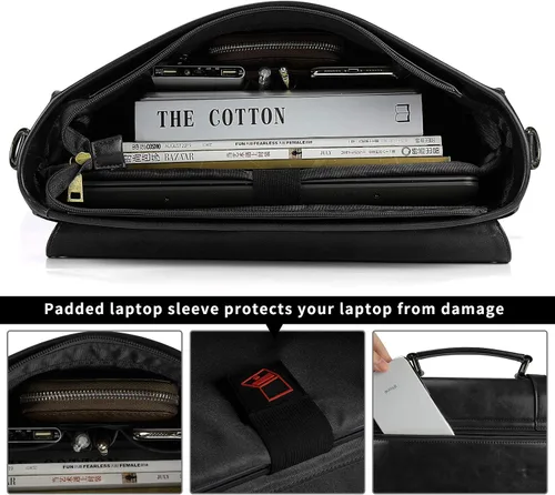 Miniatura 5 de Bolso bandolera de cuero para hombre, estilo vintage, de 15.6 pulgadas, impermeable, de cuero, para laptop, bolsa de hombro grande, bolsa de hombro