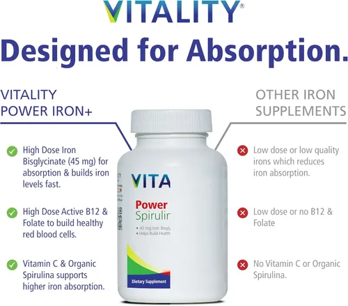 Miniatura 7 de Vitality Power Iron + Spirulina Hierro de 45 mg Constructor de sangre Apoyo a la deficiencia de hierro Vegano Suplemento natural Suave