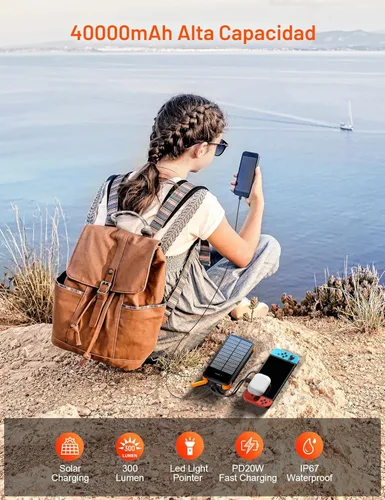 Miniatura 3 de Cargador Solar Banco de Energía, Batería Externa de Carga Rápida PD 20W, 40000mAh Cargador Portátil para Teléfono con 4 Cables Integrados y Luces
