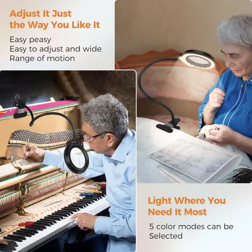 Miniatura 6 de Lupa con luz y abrazadera de escritorio más grande 10X lupa de escritorio con clip para trabajo cerrado, lectura de libros de cama, manualidades