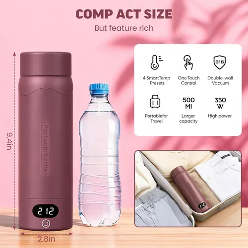 Miniatura 6 de Hervidor eléctrico de viaje, mini tetera portátil, acero inoxidable 316, 16.91 onzas, pequeña caldera de agua caliente con 4 temperaturas, agua