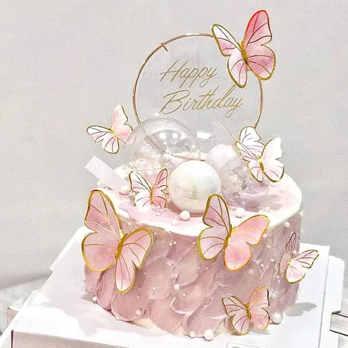 Decoración de mariposa rosa para tartas, 11 piezas de decoración de cupcakes de metal dorado para decoración de fiesta de niñas y mujeres