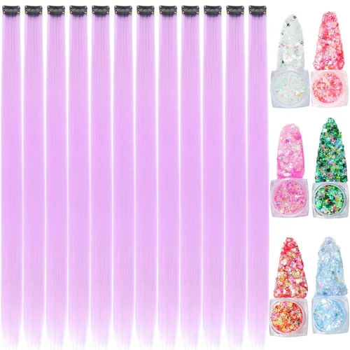 Miniatura 12 de Extensiones de cabello de colores, extensión de cabello liso con clip de 22 pulgadas, extensiones de cabello con brillantina multicolor arcoíris