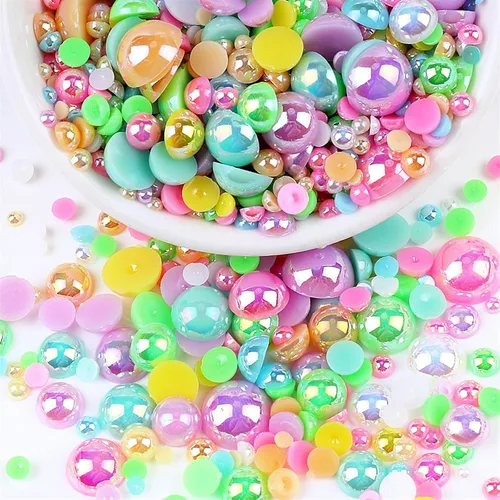Miniatura 29 de Perlas con parte trasera plana para manualidades, 50g Mezcla Azul Rosa Blanco Medias perlas para manualidades, Tamaño mixto 3/4/5/6/8/10mm Perlas