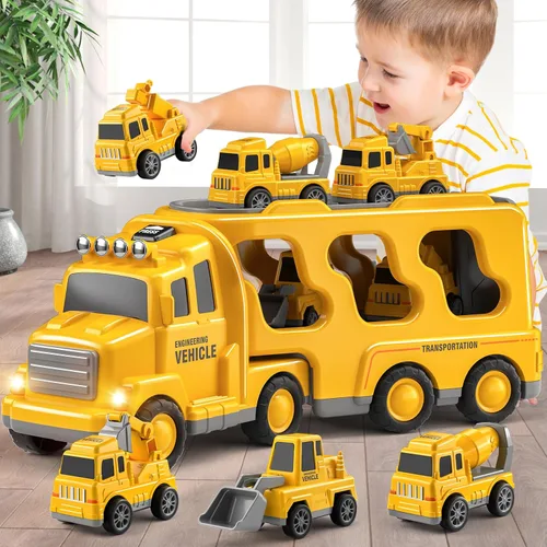 Beby Buty Camiones de Construcción 5 en 1 para Niños de 3-5 años, Juguetes de Coches y Camiones para Niños Pequeños con Luz y Sonido, Incluye Grúa,