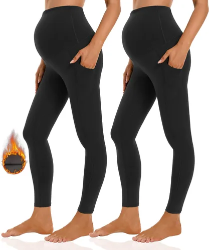 Foucome Leggings de maternidad con forro polar para mujer con bolsillos sobre el vientre, pantalones de yoga cálidos para entrenamiento de invierno