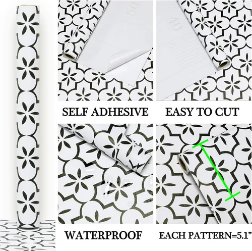 Miniatura 3 de GloryTik Geometry - Papel tapiz texturizado en blanco y negro de 17.7 x 393.7 pulgadas, papel de contacto decorativo de enrejado moderno extraíble