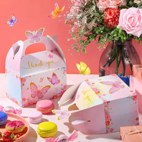 Miniatura 2 de Nezyo - 12 cajas de regalo de fiesta de mariposa, cajas de regalo de dulces de papel floral rosa morado a dos aguas con mango de mariposa