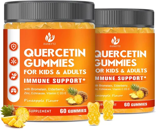 Paquete de 2 gomitas de quercetina sin azúcar con bromelina para niños y adultos, inmunes, antioxidantes, apoyo estacional, suplementos de