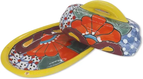 Miniatura 5 de Cuenco para Mantequilla de Cerámica Talavera con Tapa Pintada a Mano, Auténtica Cerámica Mexicana de Cocina con Diseño Floral (Amarillo)