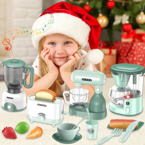 Miniatura 6 de Accesorios de cocina de juego para niños, juego de simulación de cocina con juguetes de electrodomésticos de cocina con cafetera, tostador