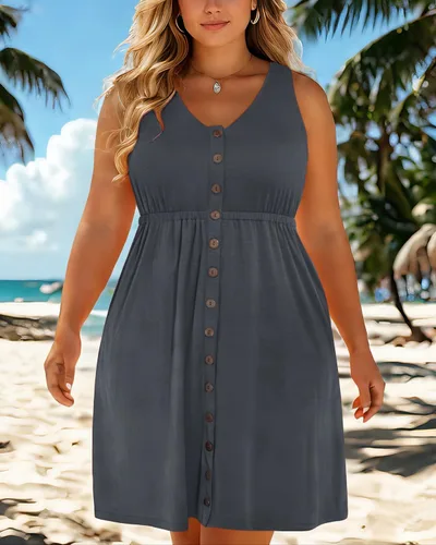 Miniatura 59 de Holipick Vestidos de verano para mujer, talla grande, casual, con bolsillos, acampanado, con botones, sin mangas, cuello en V