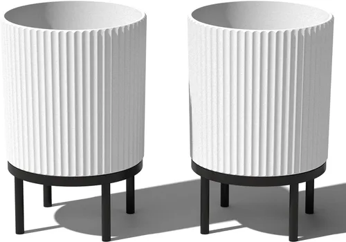 Miniatura 57 de Veradek Demi Series - Maceta redonda con soporte para porche o patio, compuesto de piedra de plástico duradero y soporte de madera, decoración