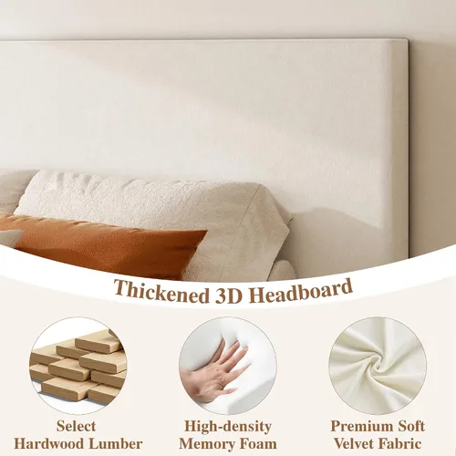 Miniatura 3 de Base de cama de plataforma de tamaño completo con cabecero, cama de terciopelo con base sólida con listones de madera, base de colchón resistente