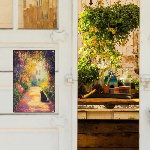 Miniatura 6 de Cartel de metal retro para decoración de pared con diseño de gato negro y jardín, 8 x 12 pulgadas, pintura al óleo de primavera, póster artístico