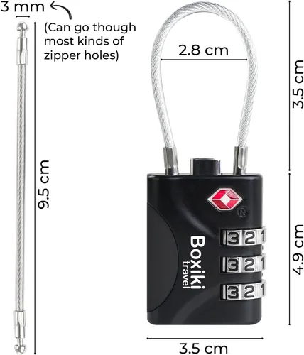 Miniatura 7 de Paquete de 2 cerraduras de equipaje aprobadas por la TSA con combinación de 3 esferas con cable de acero flexible para maletas, mochilas, bolsas