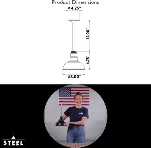 Miniatura 8 de Steel Lighting Co. Inglewood - Lámpara de granero Lámpara montada en el techo Cúpula redonda de 8 pulgadas vástago inclinado de 12 pulgadas