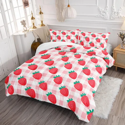 Miniatura 3 de Juego de ropa de cama Kawaii de fresa para niñas, juego de ropa de cama con patrón de cuadrícula rosa con 1 edredón y 2 fundas de almohada