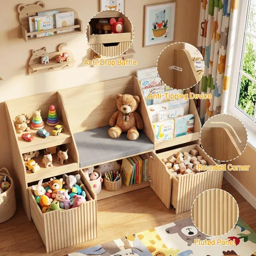 Miniatura 2 de Vabches Estantería infantil con rincón de lectura, organizador de almacenamiento de juguetes con cojín de asiento y 2 cajones móviles, organizador