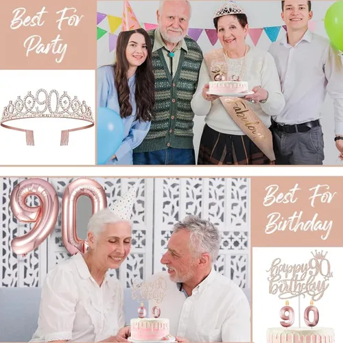 Miniatura 6 de Decoraciones de cumpleaños 90 para mujer, banda de cumpleaños 90, corona de cumpleaños 90, adorno para pastel de cumpleaños 90, globos, juego