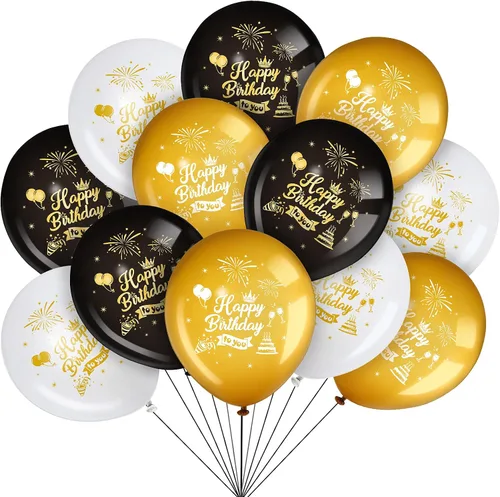 45 globos de látex de 12 pulgadas, globos de látex de color negro, dorado y blanco, decoración de fiesta de cumpleaños para niñas, niños, mujeres,