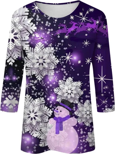 Miniatura 3 de Christmas Top for Women Dressy 34 Sleeves Graphic Printed T-Shirt Snowflake Tee O-Neck Outdoor Tshirts Flowy Blouses