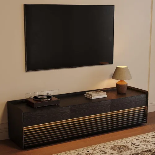 POVISON Soporte de TV moderno de mediados de siglo totalmente ensamblado con luces LED ajustables, consola multimedia de madera, centro de