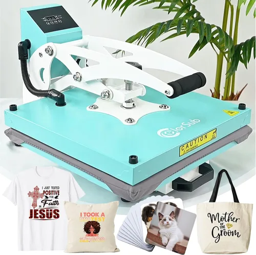 Miniatura 7 de ColorSub 15x15 Prensa Térmica para Camiseta con Cajón Deslizante, Máquina de Prensa Térmica para Sublimación, Azul Verde Lado hacia fuera-verde