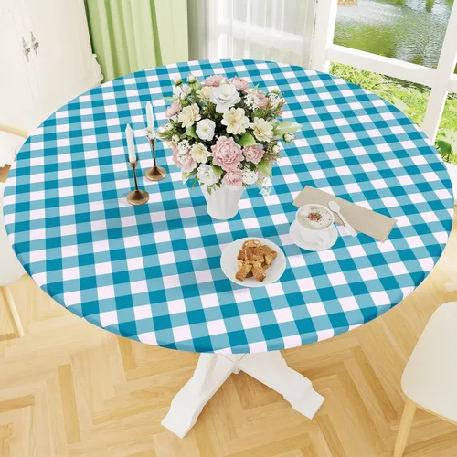 Miniatura 32 de Smiry - Mantel redondo de picnic de vinilo elástico impermeable con respaldo de franela, mantel de vinilo ajustable para mesas de 31-35 pulgadas