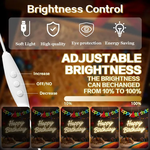Miniatura 4 de Letrero de neón para decoración de pared, letrero LED de feliz cumpleaños con banderas de fiesta, luz de neón regulable alimentada por USB para mesa