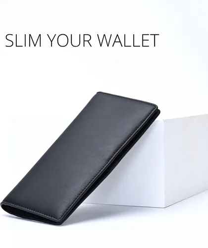 Miniatura 2 de Alldaily Cartera de cuero ultra delgada para mujer, tarjetero de crédito con bloqueo RFID, doble largo para mujer, Negro