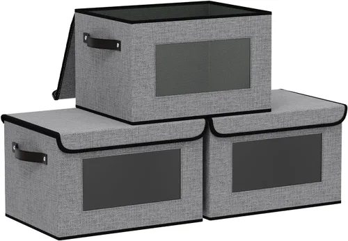 Miniatura 13 de Cesta de almacenamiento de tela con tapa, organizador decorativo de lino para armario, caja de almacenamiento de 15 x 9.8 x 9.8 pulgadas con asas