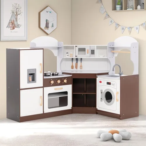 Miniatura 9 de Costzon Juego de cocina esquinera para niños, cocina de madera con sonidos y luces, lavadora, máquina de hielo, microondas, horno, fregadero