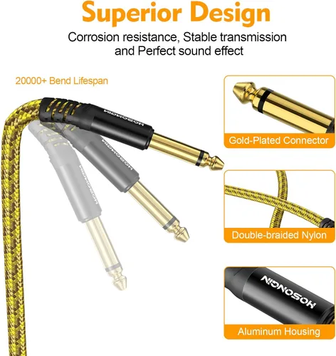 Miniatura 5 de HOSONGIN Paquete de 2 cables de guitarra de 10 pies a 1/4 de pulgada para instrumentos eléctricos, cable AMP para guitarra eléctrica, bajo, Rojo