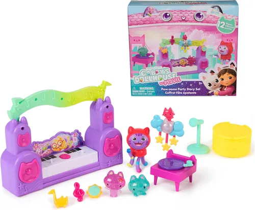 DreamWorks Gabby's Dollhouse La Película, Set de Historia de Fiesta Paw-Some con DJ Catnip, 2 Figuras de Juguete Eraser Cat y Accesorios, Juguetes